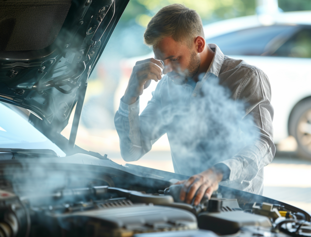 Driver checking a smoking car engine
